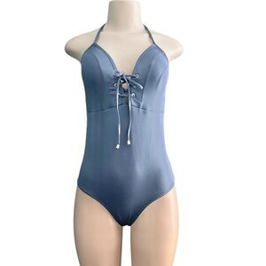 Nip Tuck Swim Bond-Eye Lace Up Front Steel Blue One Piece Bathing Suit Size 8